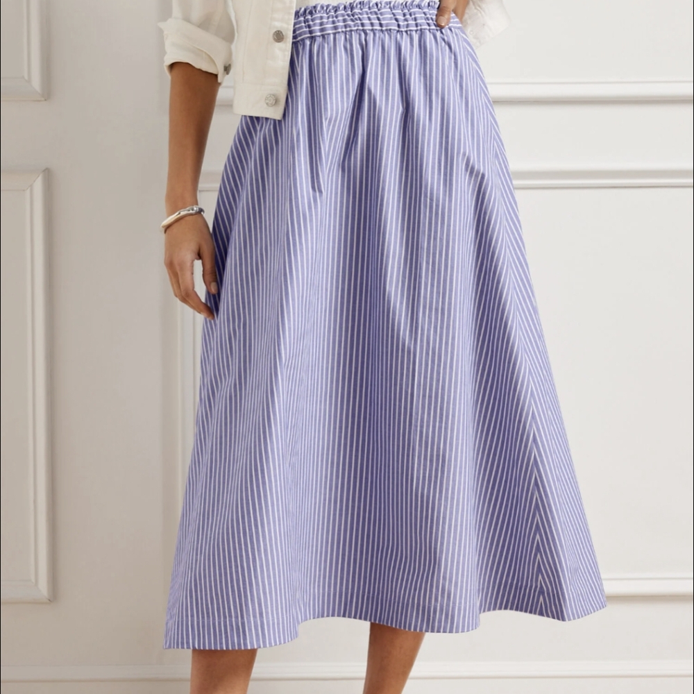 Striped Sage Green and White Linen and Cotton Midi Skirt
